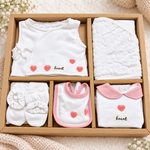Set bebe fetita din bumbac 10 piese, alb cu roz, model inimioare Heart - Img 2