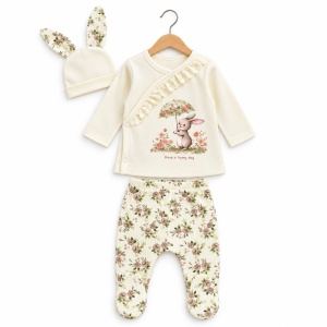 Set bebe fetita din bumbac 10 piese, crem cu imprimeu floral si iepuras - Img 4