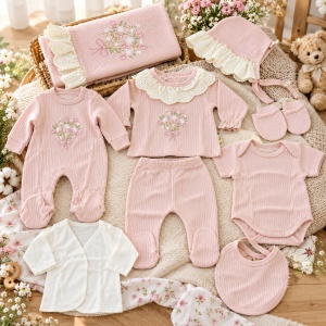 Set bebe fetita din bumbac 10 piese, roz pudrat, model floral