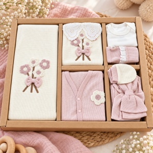 Set bebe fetita din bumbac 10 piese, roz si crem, cu flori si fundite - Img 2