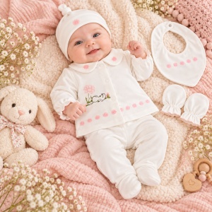 Set bebe fetita din bumbac, bluza, pantaloni cu botosei, caciulita, baveta si manusi, alb, floricele roz