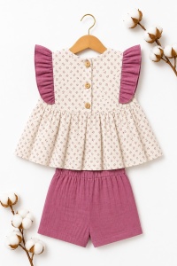 Set bebe fetita muselina 2 piese bluza cu volane si pantaloni scurti roz - Img 3