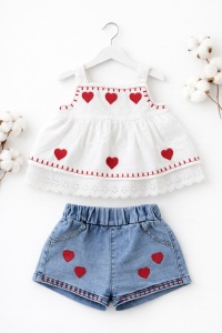 Set bebe fetita vara bluza alba inimioare rosii pantaloni scurti denim - Img 2