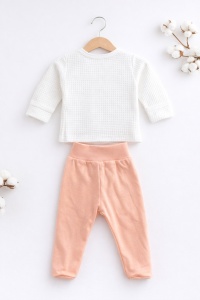 Set bebe fetite 3 piese bluza iepuras pantaloni piersica si caciulita - Img 3