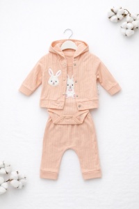 Set bebe fetite 3 piese piersica cu iepuras body pantaloni si hanorac cu gluga - Img 2