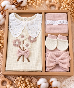 Set bebe fetite 5 piese roz ivoire cu flori, pantaloni, bluza, bentita, manusi si bavetica - Img 2
