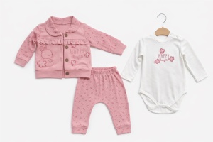 Set bebe fetite roz 3 piese body hanorac si pantaloni iepuras - Img 2