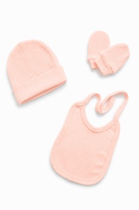 Set bebe nou nascut roz piersica 7 piese din bumbac ribat cu body si paturica - Img 3