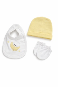 Set bebe unisex 5 piese din bumbac bluza pantaloni cu botosei caciulita manusi si bavetica - Img 4