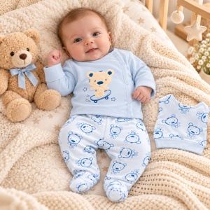 Set bebe ursulet din bumbac 3 piese bleu cu pantaloni imprimati si botosei integrati