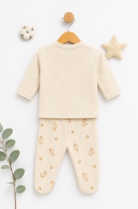 Set bebelusi 3 piese din bumbac cu caciulita, compleu crem woodland pentru nou nascut - Img 3