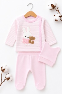 Set bebelusi 3 piese din bumbac cu caciulita, compleu roz cu iepuras pentru nou nascut - Img 2