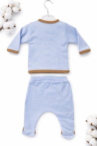 Set bebelusi 5 piese bleu cu maro bumbac premium nou nascut 0-3 luni elegant, fotografie de produs pe fundal alb