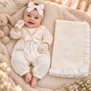Set botez fetita premium din muselina 4 piese ivoire cu dantela, broderii si paturica