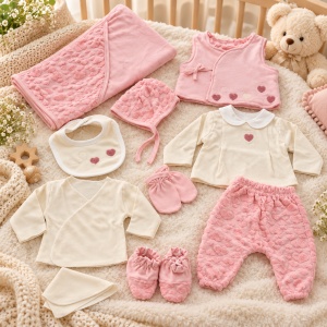 Set complet bebe din bumbac 10 piese roz si crem cu inimioare