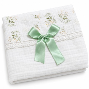 Set complet bebe din muselina 10 piese, imprimeu floral, alb cu verde - Img 3