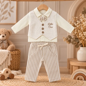 Set elegant bebe baieti din bumbac, bluza cu vesta, papion si pantaloni cu dungi, crem-bej - Img 2
