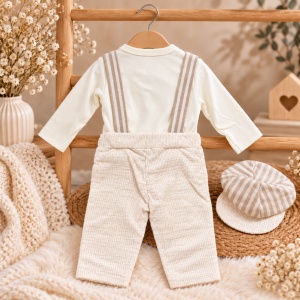 Set elegant bebe din bumbac, bluza cu papion, pantaloni cu bretele si sapca, crem - Img 3