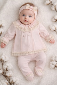 Set elegant fete roz 3 piese bluza pantaloni bentita dantela