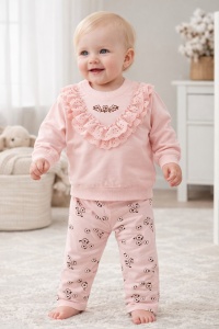Set fete roz 2 piese bluza cu volane pantaloni imprimeu floral