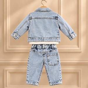 Set fetite 3 piese cu geaca si pantaloni din denim, bluza cu ursulet - Img 4