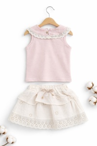 Set fetite vara top roz si fusta din muselina, cu dantela, elegant si lejer - Img 3