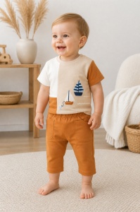 Set haine bebe baiat 2 piese bumbac premium – tricou cu barcute si pantaloni maro