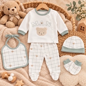 Set haine bebe baietel 5 piese din bumbac, model ursulet, alb-verde - Img 2