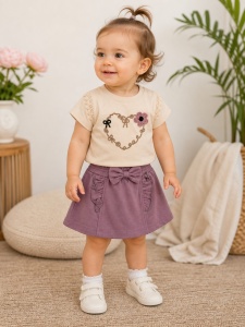 Set haine bebe fete 2 piese bumbac premium – tricou si fusta pantalon mov cu fundita
