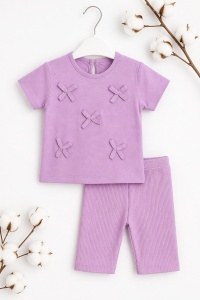 Set haine bebe fete 2 piese bumbac premium – tricou si pantaloni colanti mov cu fundite - Img 2