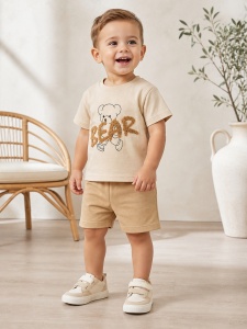 Set haine bebe unisex 2 piese bumbac – tricou si pantaloni bej cu ursulet bear