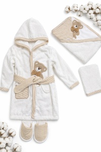 Set halat baie copii 4 piese cu gluga ursulet, prosop baie copii si papuci bebe pufosi - Img 2