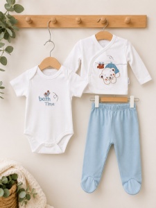 Set nou nascut 10 piese bleu cu ursulet din bumbac, complet pentru bebelusi, detaliu material si finisaje