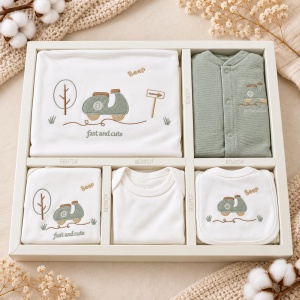 Set nou nascut 10 piese bumbac alb verde salvie cu scuter, salopeta, paturica si accesorii - Img 4
