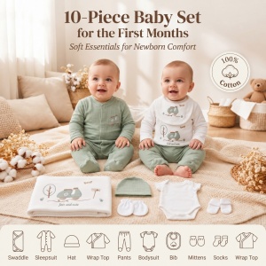 Set nou nascut 10 piese bumbac alb verde salvie cu scuter, salopeta, paturica si accesorii - Img 7