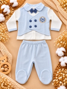 Set nou nascut 10 piese bumbac bleu alb cu salopeta, compleu elegant, paturica si accesorii - Img 2