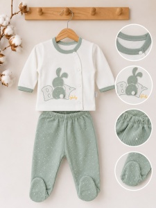 Set nou nascut 10 piese din 100% bumbac verde salvie Boy Baby cu paturica si vesta, detaliu material si finisaje