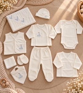 Set nou nascut 10 piese din bumbac, crem, barcute, paturica si accesorii