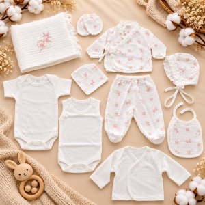 Set nou nascut 10 piese muselina si bumbac alb roz cu flori de bumbac, paturica si accesorii