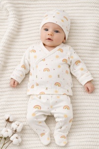 Set nou nascut 3 piese bumbac crem curcubeu body pantaloni caciulita unisex