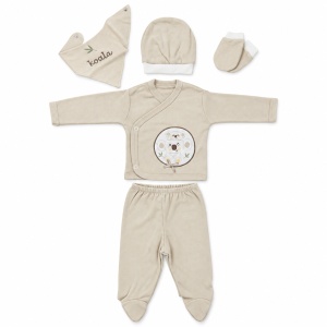 Set nou nascut 5 piese bumbac bej cu koala, bluza petrecuta si pantaloni cu botosei integrati - Img 4
