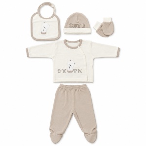 Set nou-nascut 5 piese bumbac ivoire si bej cu ursulet Cute si pantaloni cu botosei integrati - Img 4