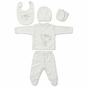 Set nou nascut 5 piese din bumbac alb cu iepuras Dreamer, bluza petrecuta si botosei integrati - Img 4