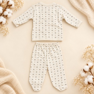Set nou nascut 5 piese din bumbac organic crem cu lebada, pantaloni cu botosei integrati - Img 5