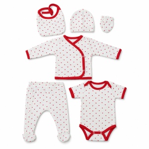 Set nou nascut 7 piese din bumbac alb cu inimioare rosii, body, pantalon si paturica - Img 4