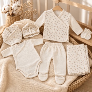 Set nou nascut 7 piese din muselina crem cu imprimeu vegetal, body, pantaloni, paturica