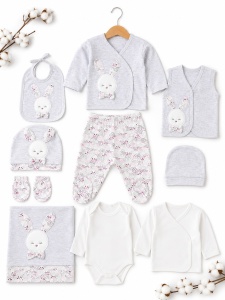 Set nou nascut fetita 10 piese 100% bumbac, iepuras, paturica inclusa, gri melanj - Img 3