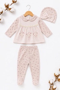 Set nou nascut fetita 10 piese 100% bumbac, lila pudrat, floral, paturica inclusa - Img 6
