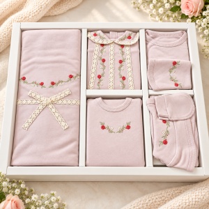 Set nou nascut fetita 10 piese din bumbac, roz pudrat, cu broderie florala - Img 2