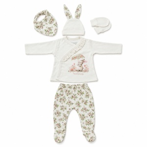 Set nou nascut fetita 5 piese din bumbac, crem cu imprimeu floral si iepuras, pantaloni cu botosei - Img 3